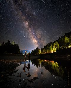Two guys and their reflections standing on the South Fork Eel River bank beneath the Milky Way