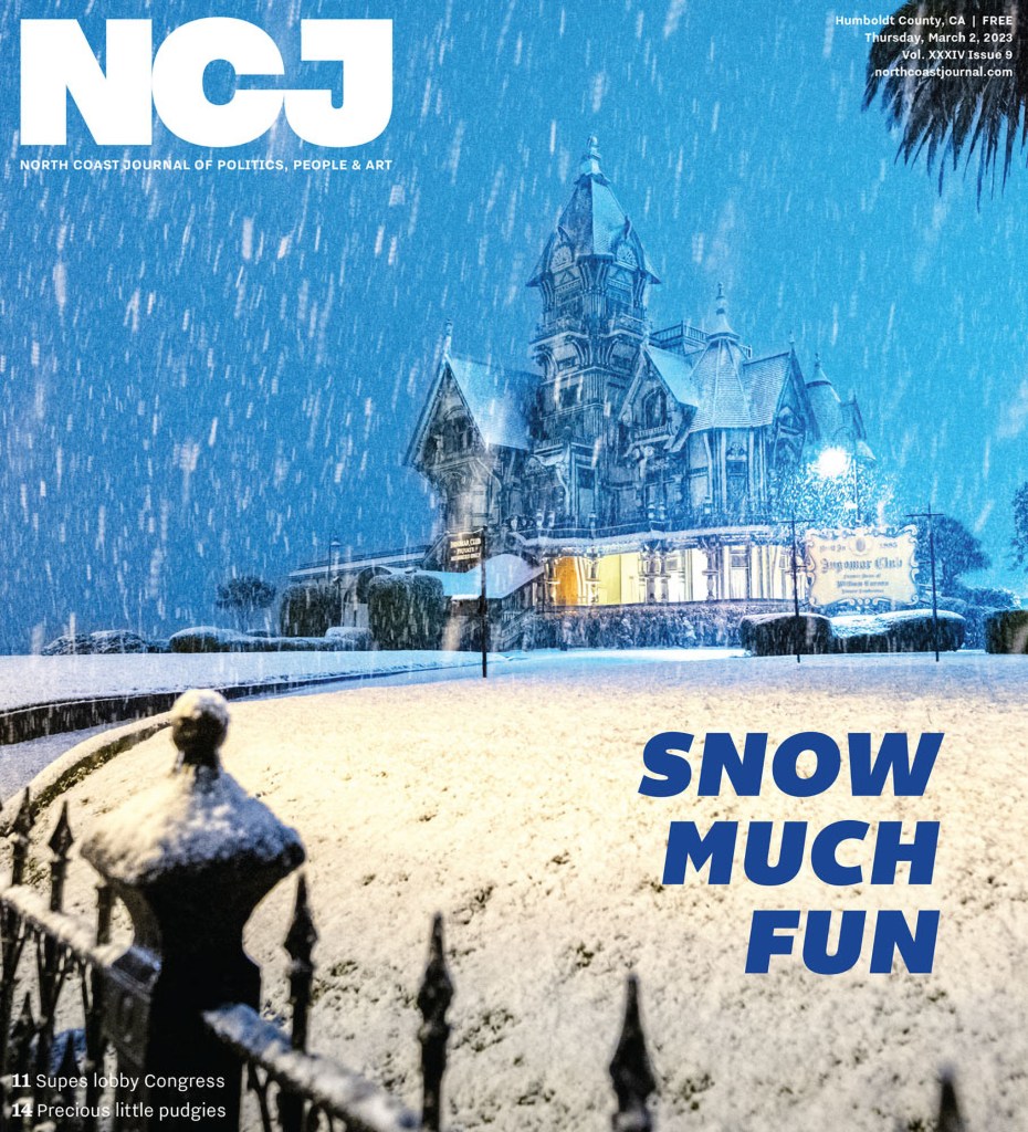 Snow on the Carson Mansion as the North Coast Journal Cover for March 2, 2023