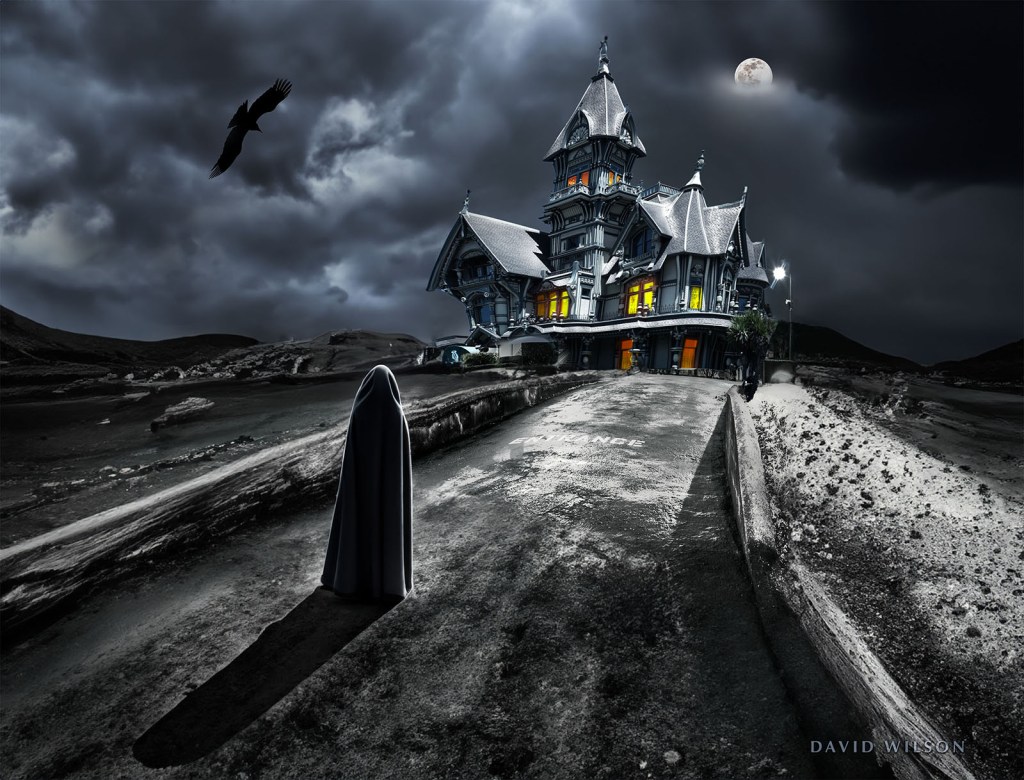 A spooky nighttime image combining photography, Photoshop photomanipulation, and AI image generation.